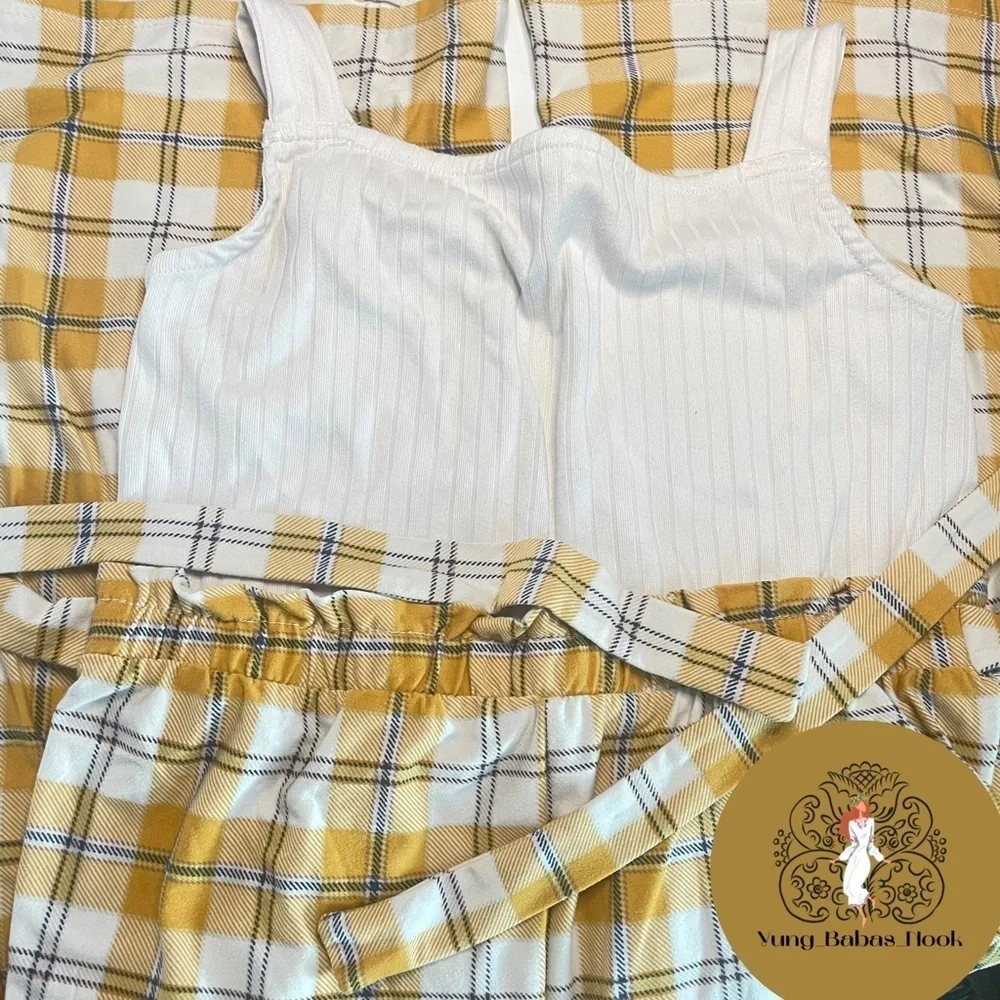 No Comment Girls 16 XXL White and Yellow Plaid Jumpsuit Hemmed Straps PRELOVED